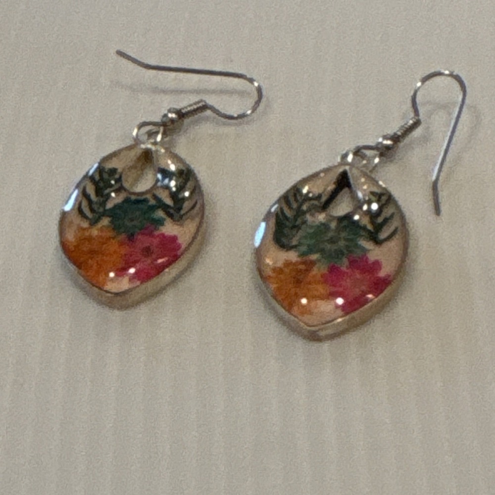 Handcrafted Multicolor Teardrop Dangle Earrings Silver Hook Resin‎ Nature Theme